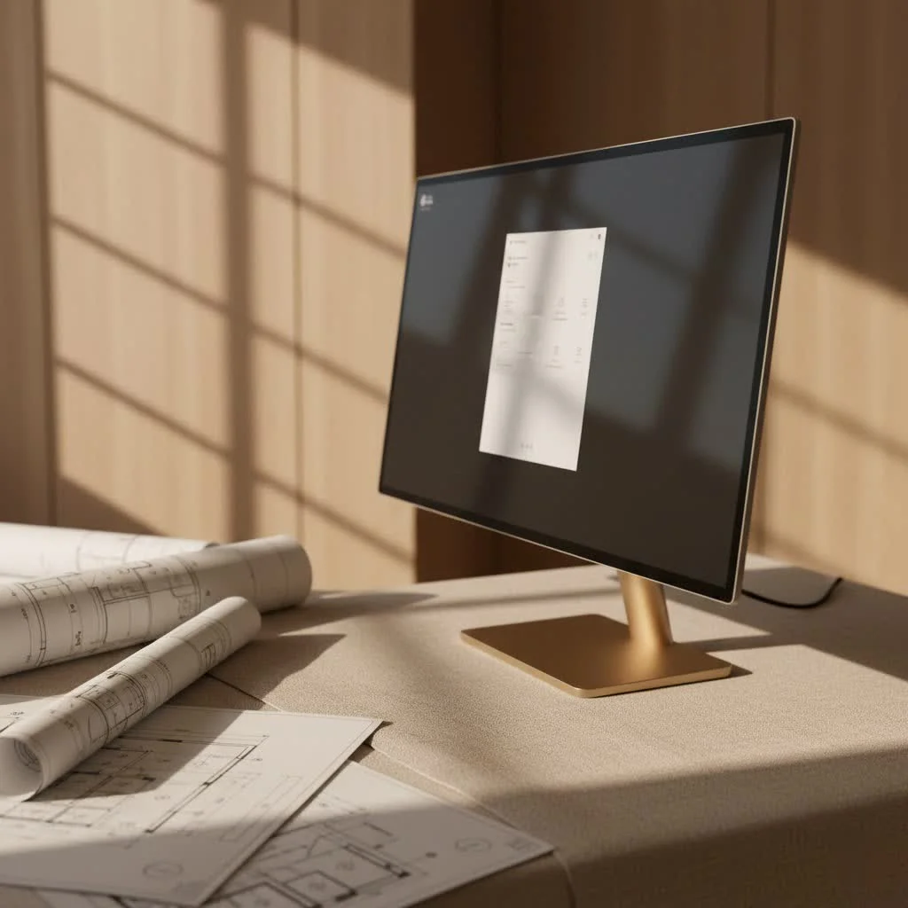 Person working at a desk with a vertical computer monitor