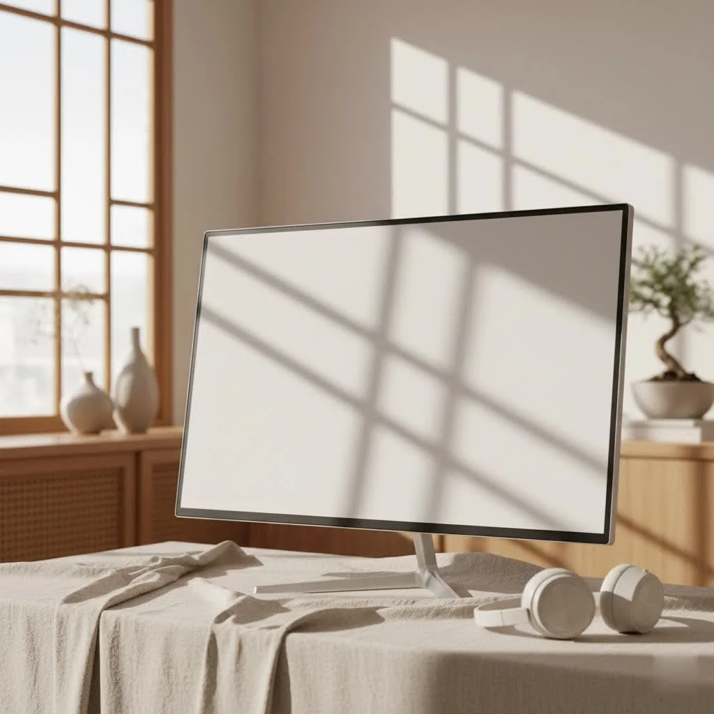 Sleek white computer monitor on a modern desk setup