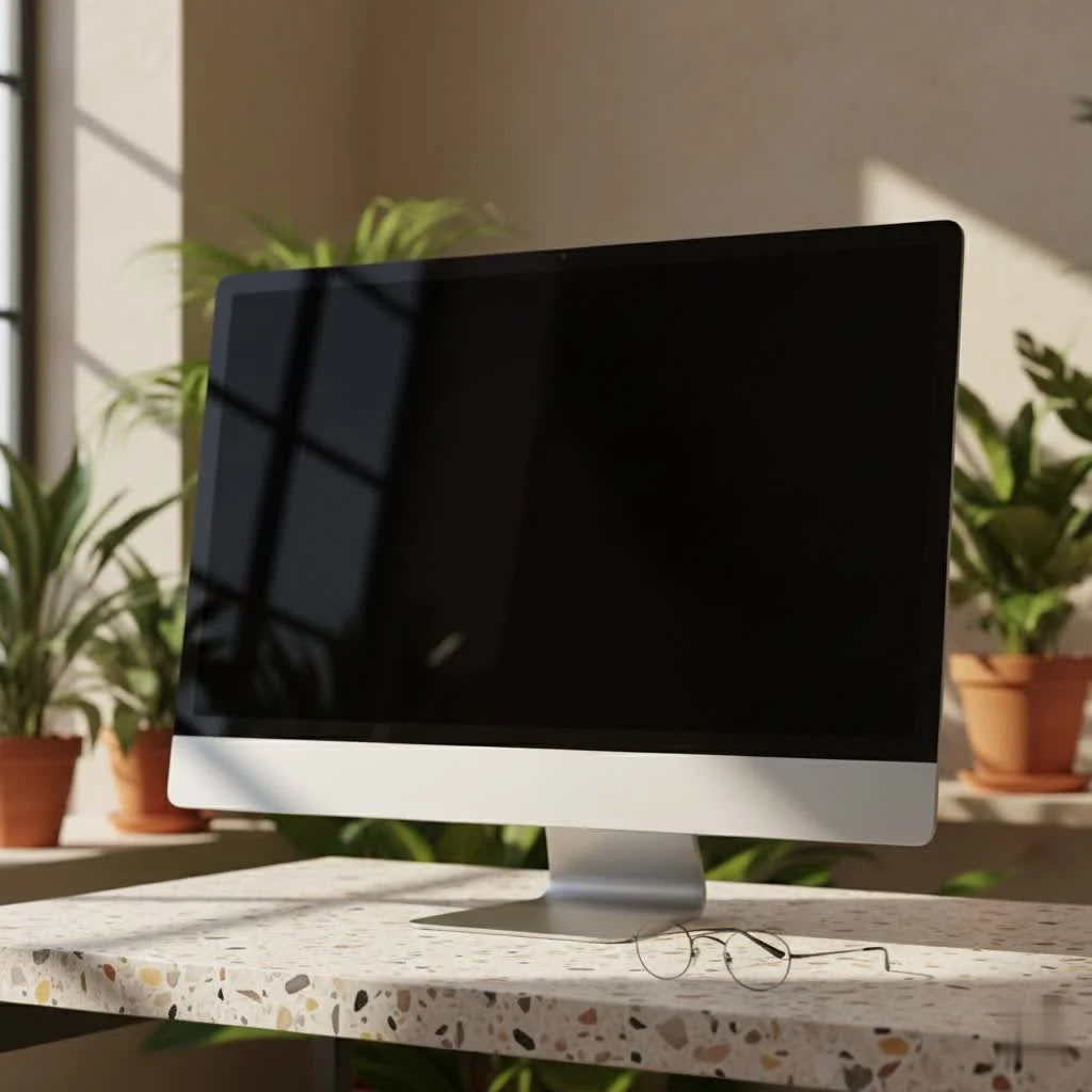 A 32-inch computer monitor displaying a vibrant desktop background.