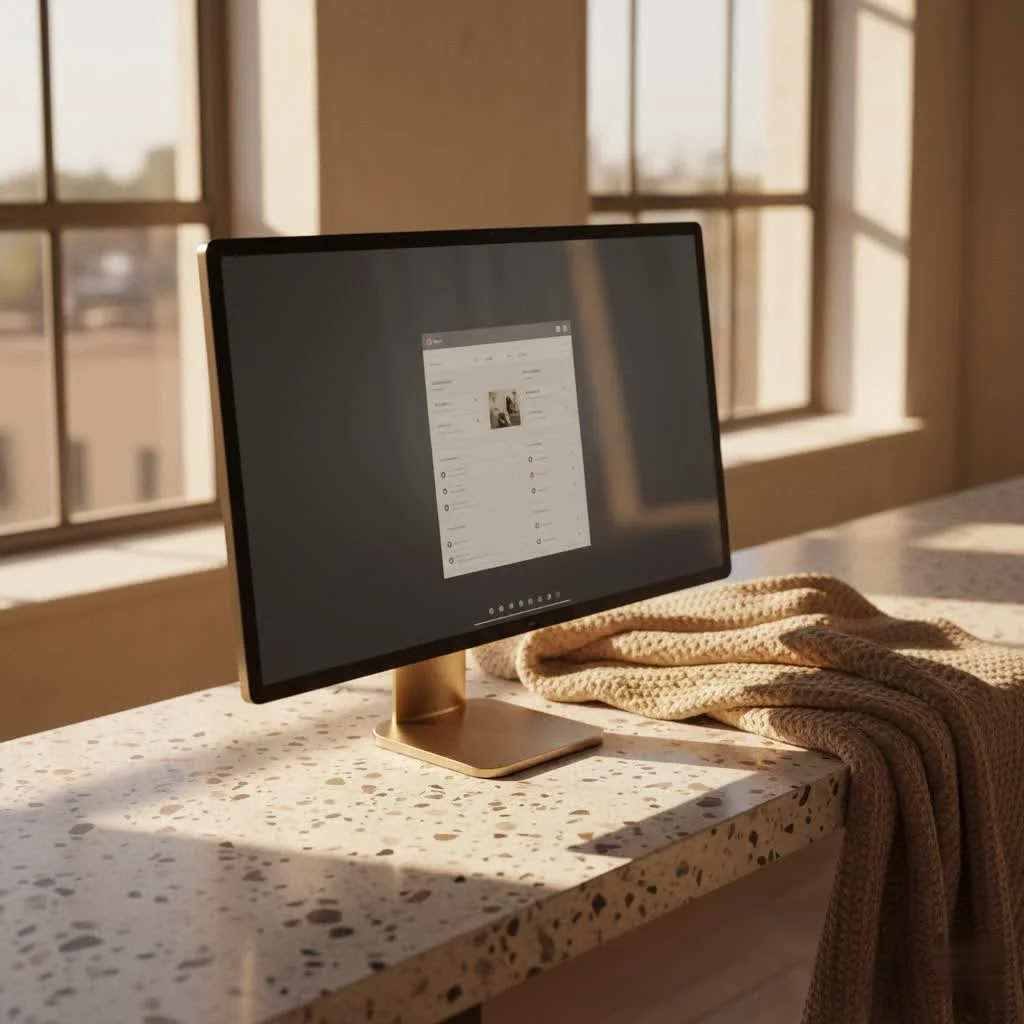 Person interacting with a touch screen computer monitor