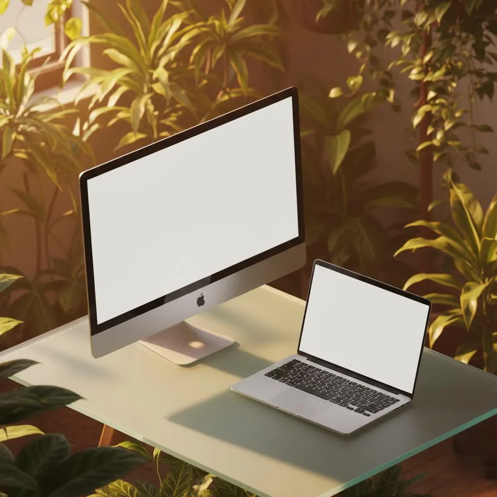 Two computer monitors displaying different applications on a modern desk
