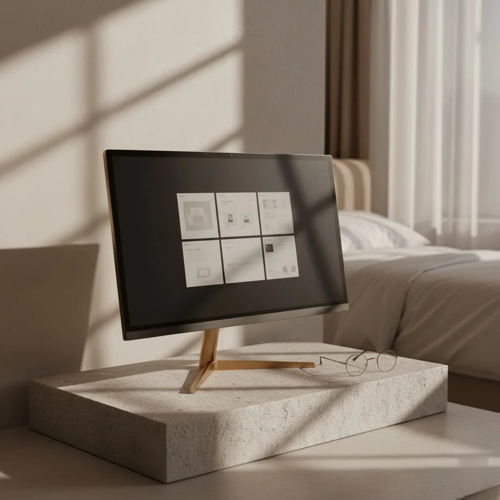 A large 32-inch computer monitor displaying vibrant graphics