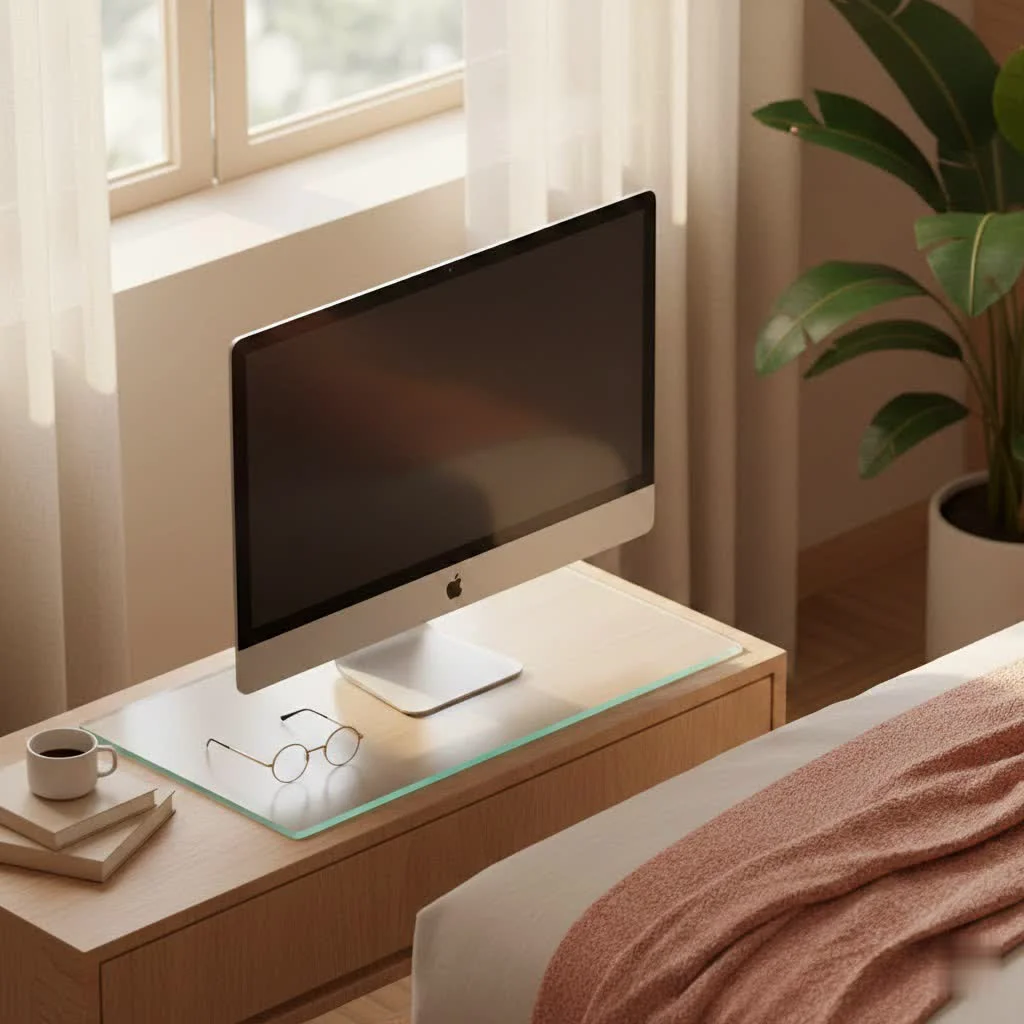 Desktop setup with two computer monitor speakers flanking a large display