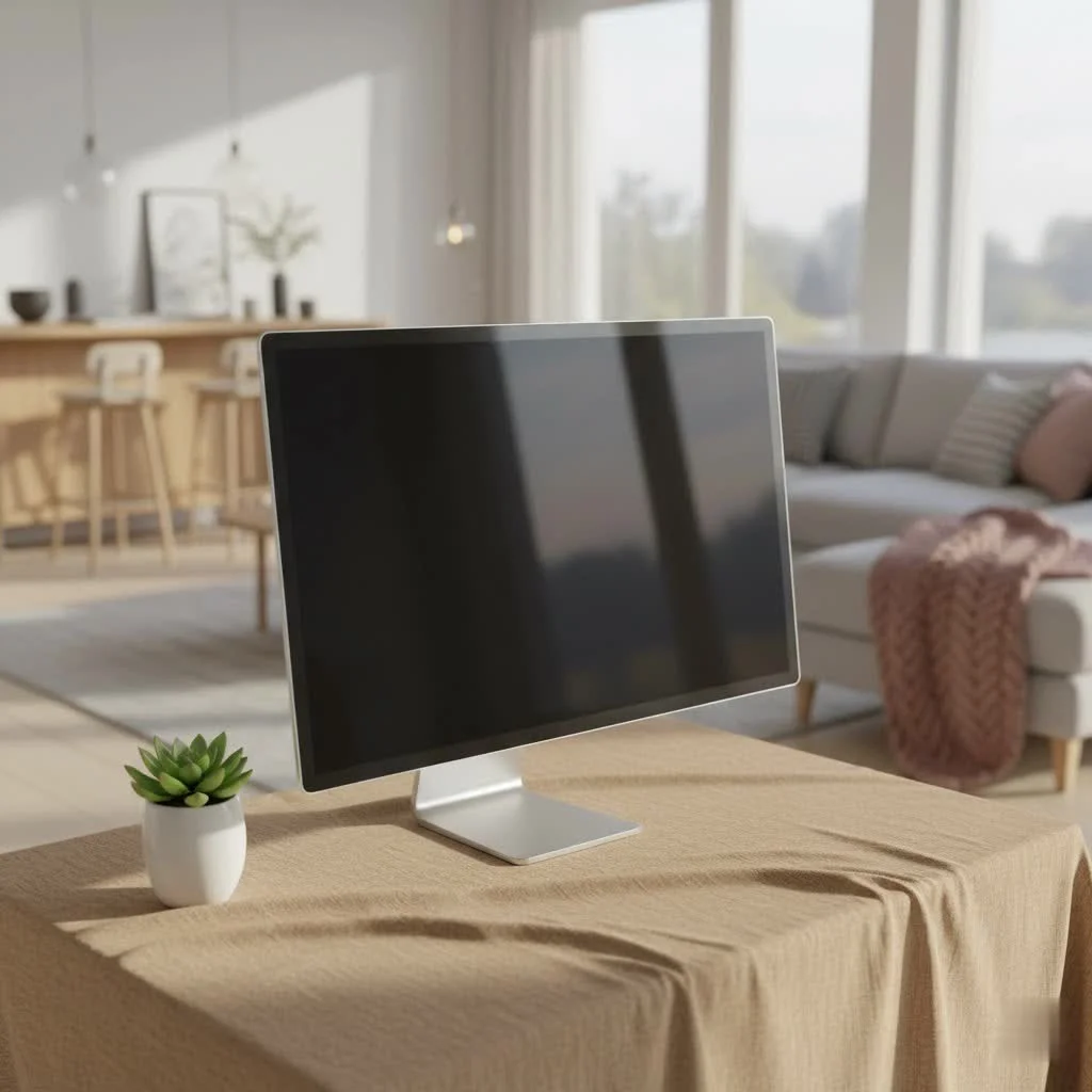 Apple Studio Display on a desk with a MacBook Pro