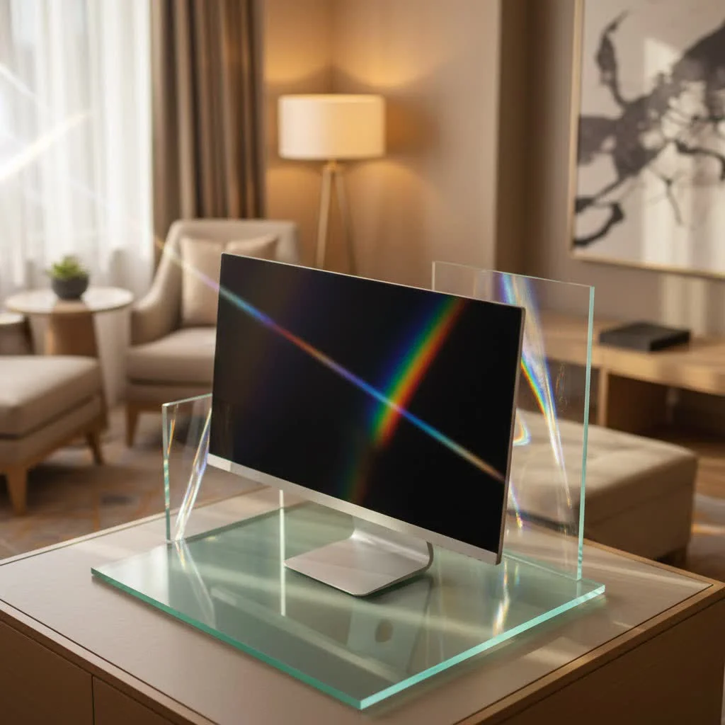 Small computer monitor displaying a vibrant desktop interface