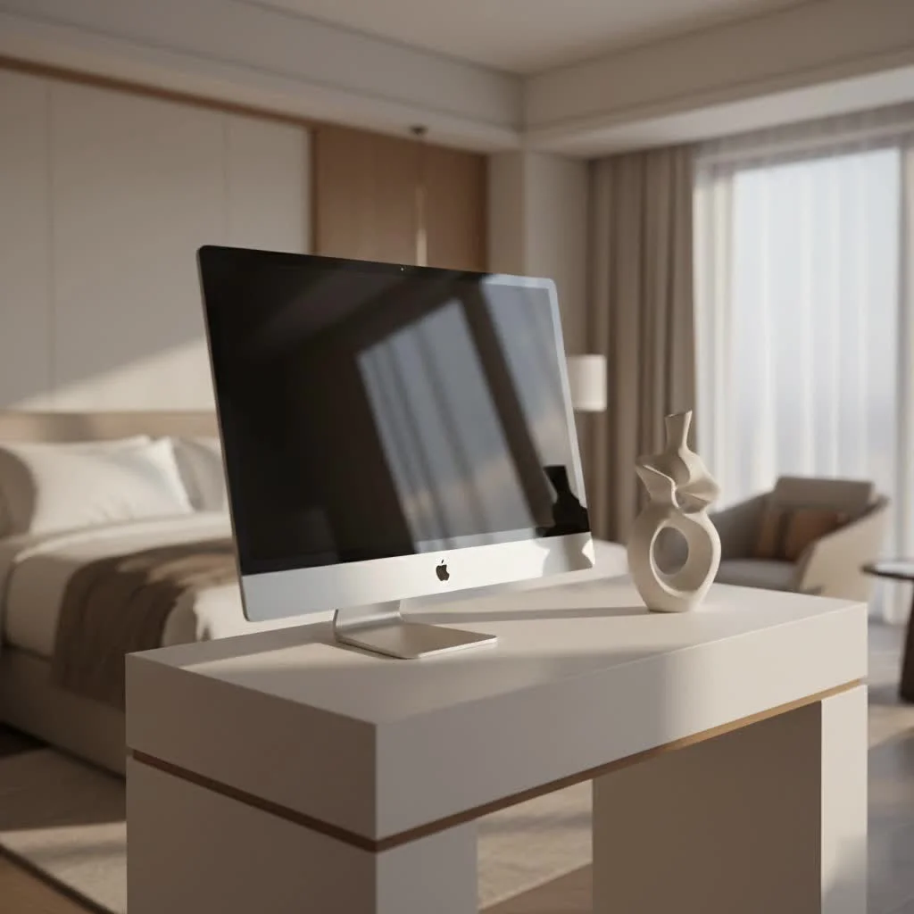 Large 55-inch computer monitor displaying a vibrant digital landscape